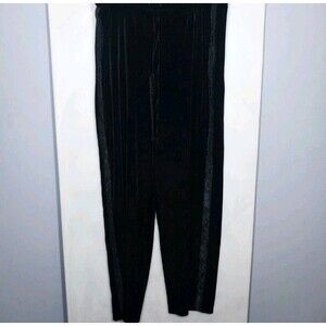 Vintage Black Stretch Velour Lounge Pants Womens L Wide Leg Lace Side Panels